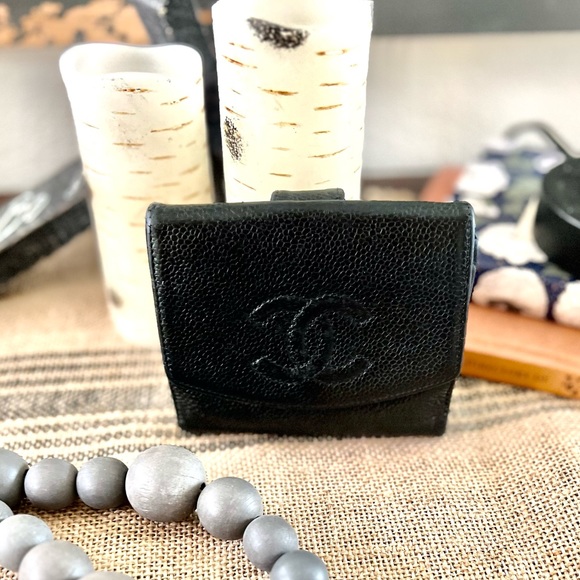 CHANEL Handbags - CHANEL CC Logo Black Caviar Skin Bifold Wallet